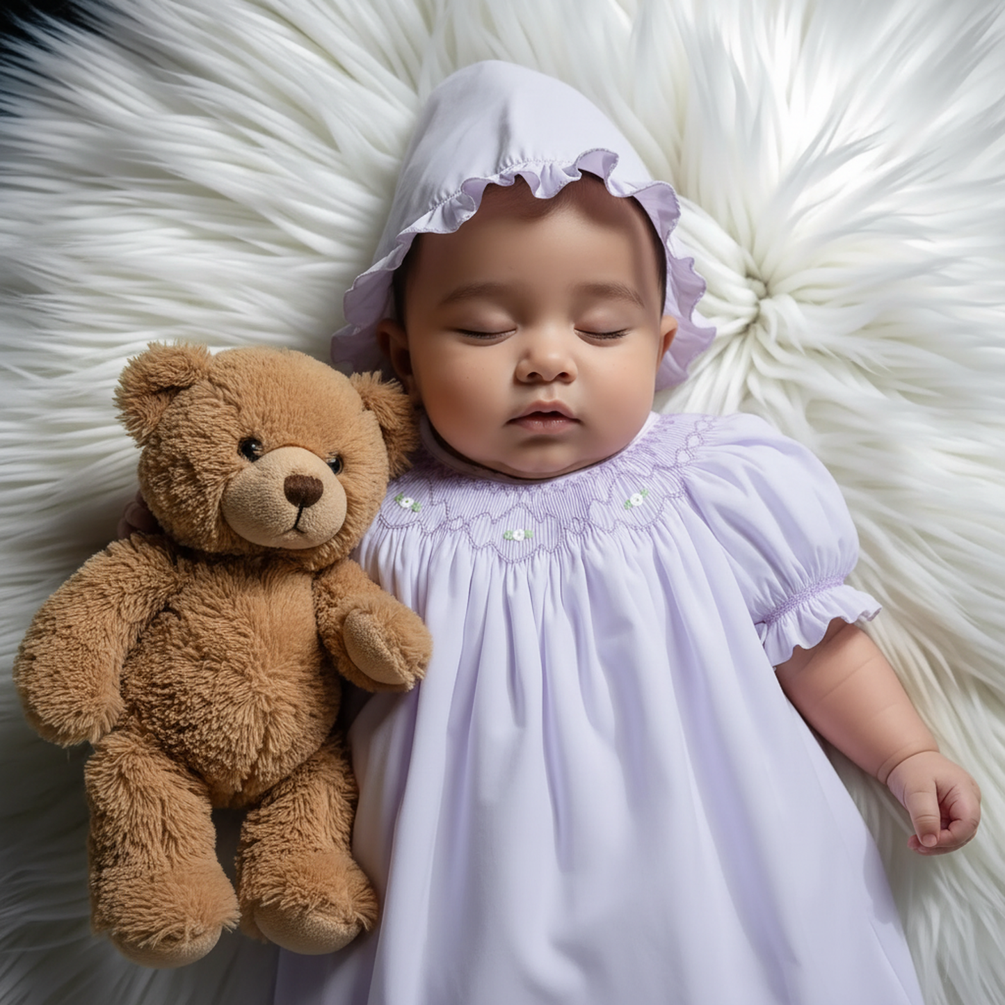 Purple Smocked Short Sleeve Bishop Dress with Beautiful Bonnet