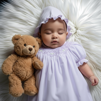 Purple Smocked Short Sleeve Bishop Dress with Beautiful Bonnet