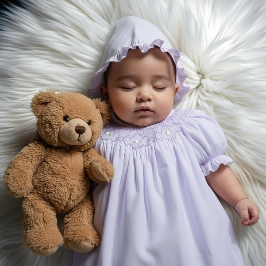Purple Smocked Short Sleeve Bishop Dress with Beautiful Bonnet