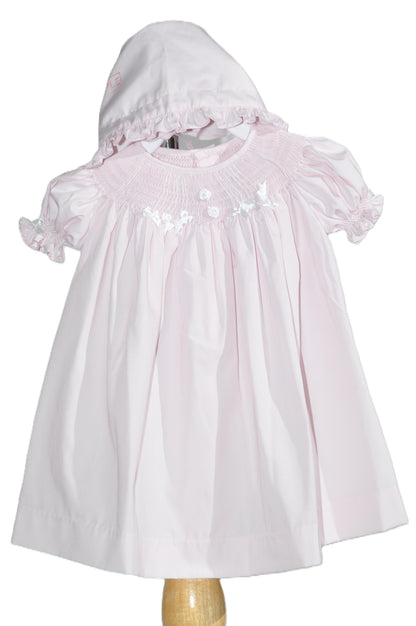 Pink Geometric Smocked with Ribbon Short Sleeve Dress & Bonnet