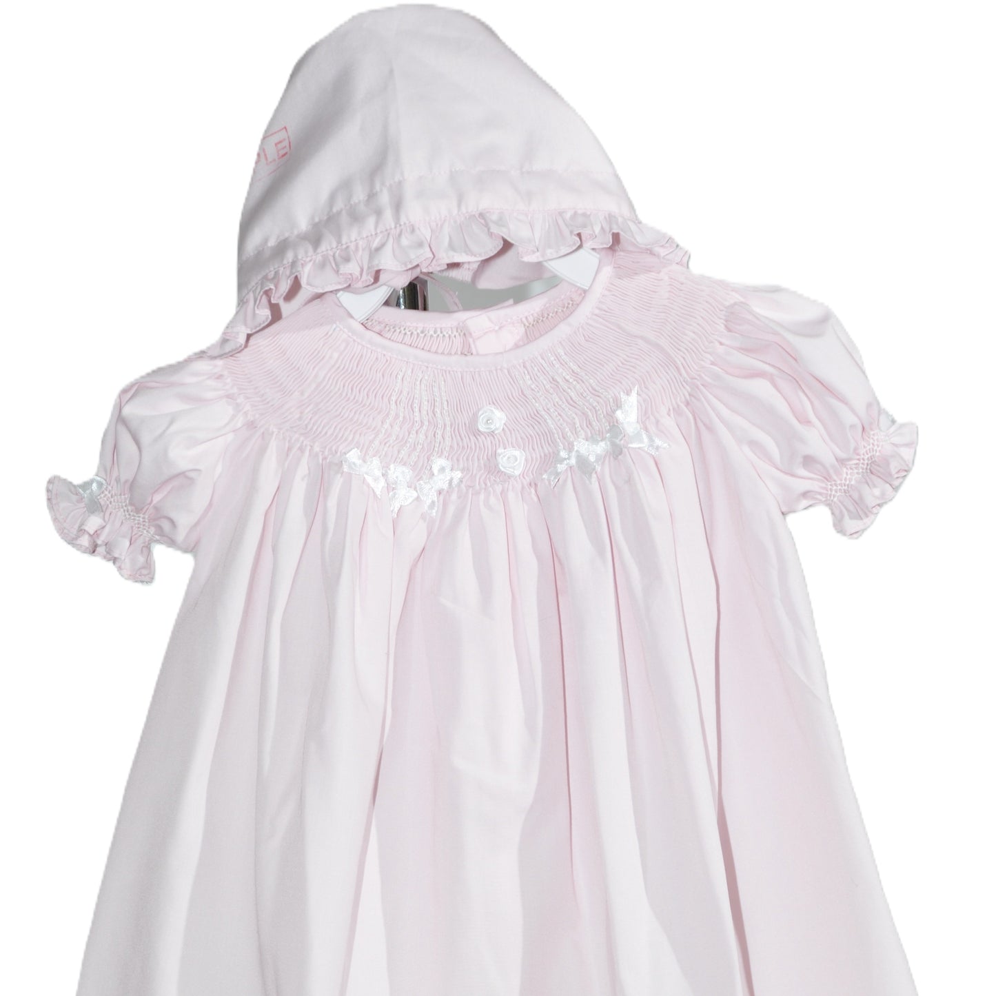 Pink Geometric Smocked with Ribbon Short Sleeve Dress & Bonnet