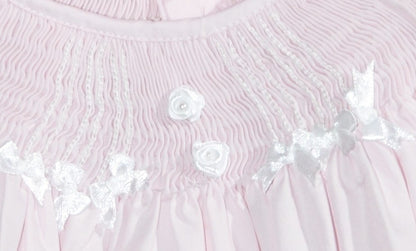 Pink Geometric Smocked with Ribbon Short Sleeve Dress & Bonnet