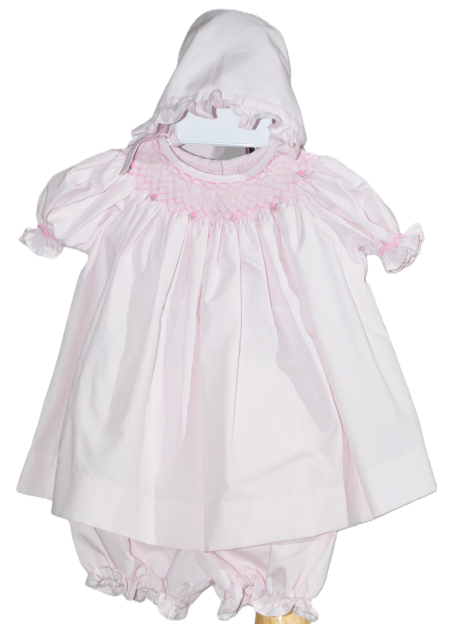 Pink Geometric Smocked with Roses Short Sleeve Bishop Dress & Bonnet