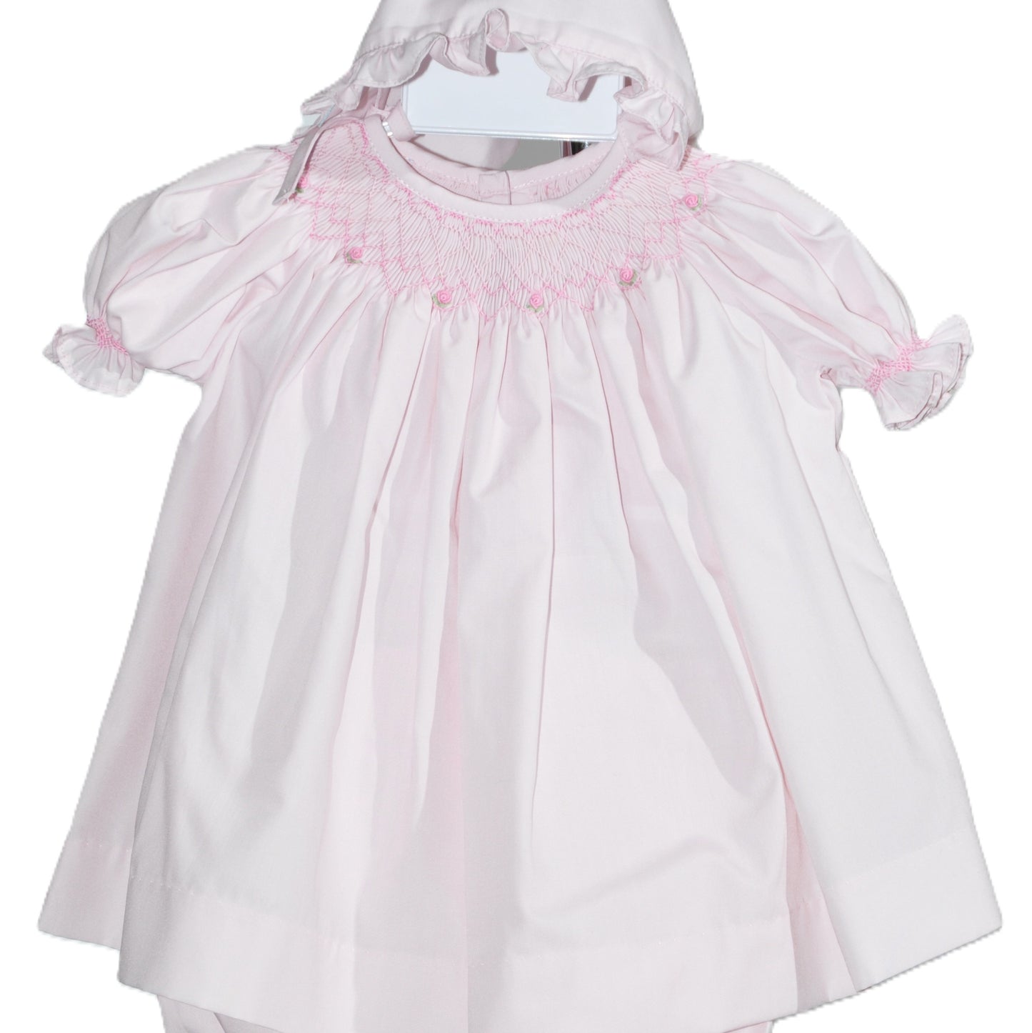 Pink Geometric Smocked with Roses Short Sleeve Bishop Dress & Bonnet