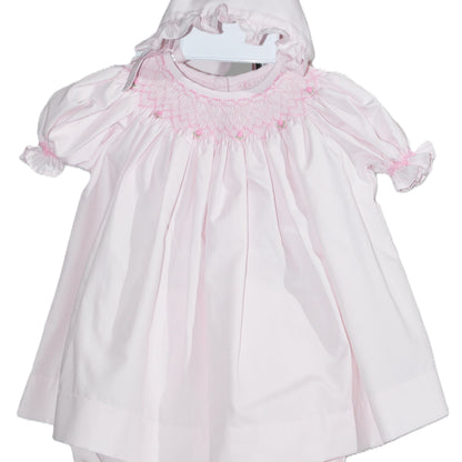Pink Geometric Smocked with Roses Short Sleeve Bishop Dress & Bonnet