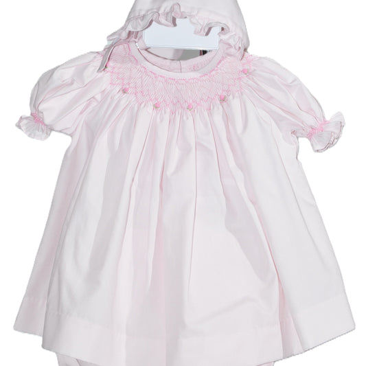 Pink Geometric Smocked with Roses Short Sleeve Bishop Dress & Bonnet