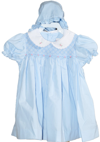 Blue Geometric Smocked With Roses Short Sleeve Dress & Beautiful Bonnet