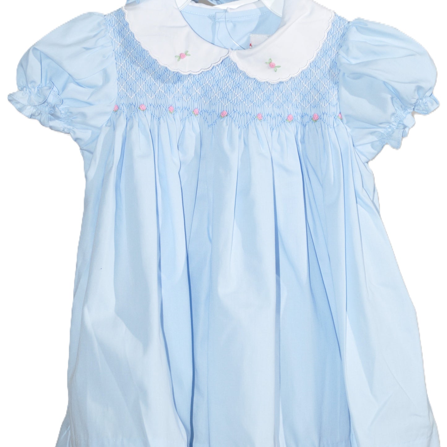 Blue Geometric Smocked With Roses Short Sleeve Dress & Beautiful Bonnet