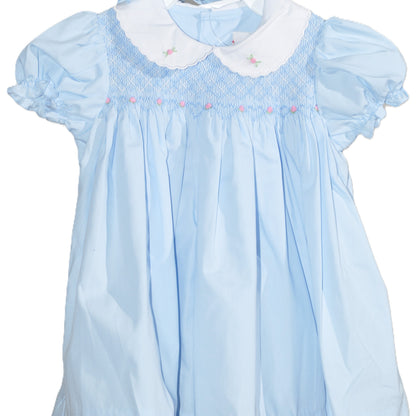 Blue Geometric Smocked With Roses Short Sleeve Dress & Beautiful Bonnet