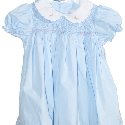 Blue Geometric Smocked With Roses Short Sleeve Dress & Beautiful Bonnet