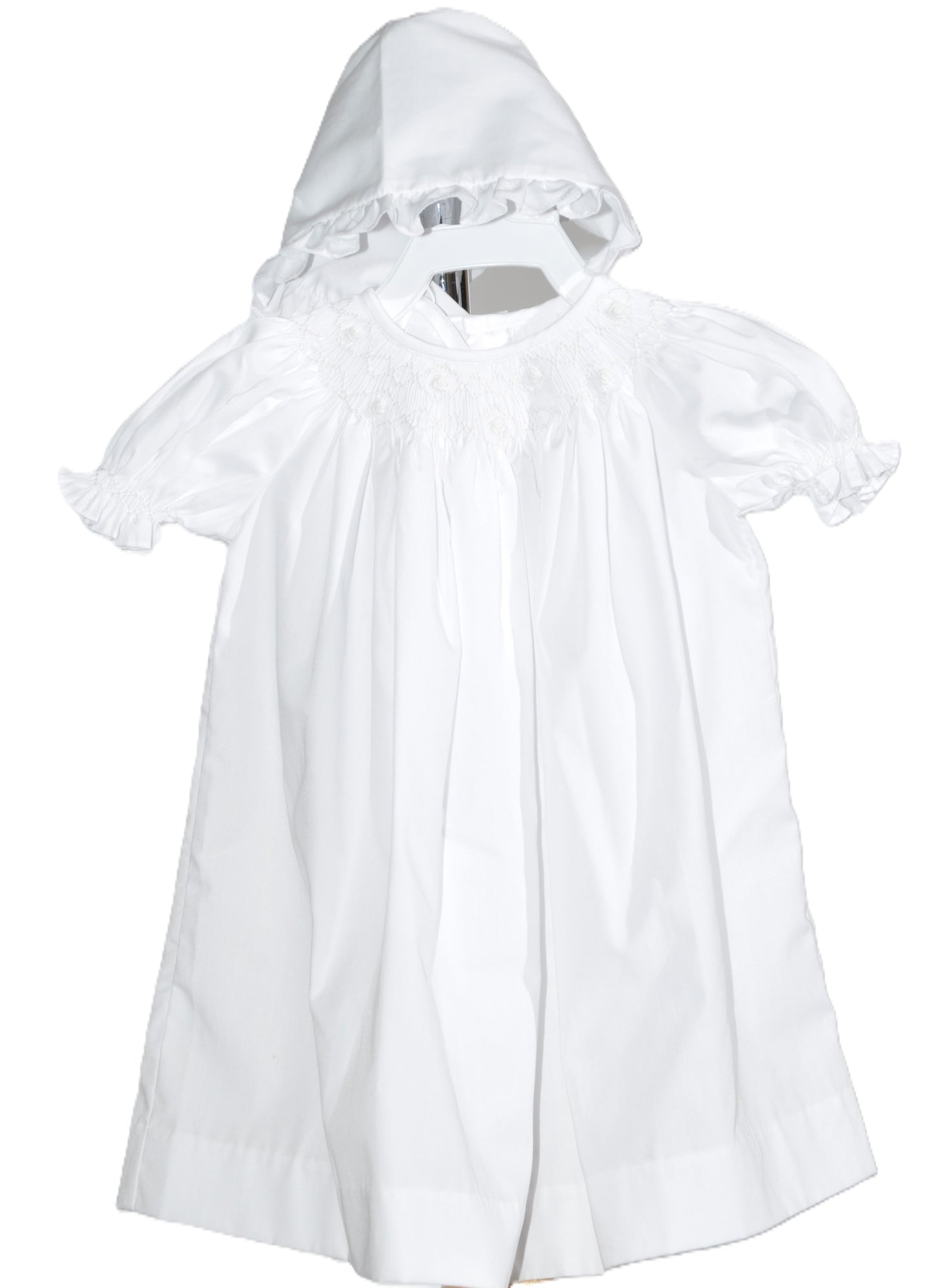 White Roses Smocked Short Sleeve Bishop Dress with Beautiful Bonnet