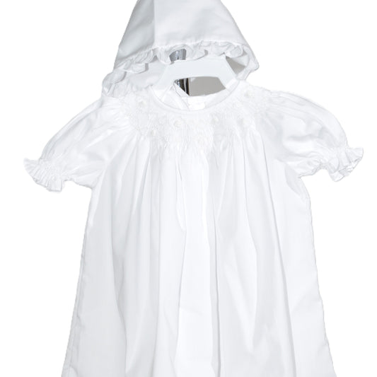 White Roses Smocked Short Sleeve Bishop Dress with Beautiful Bonnet