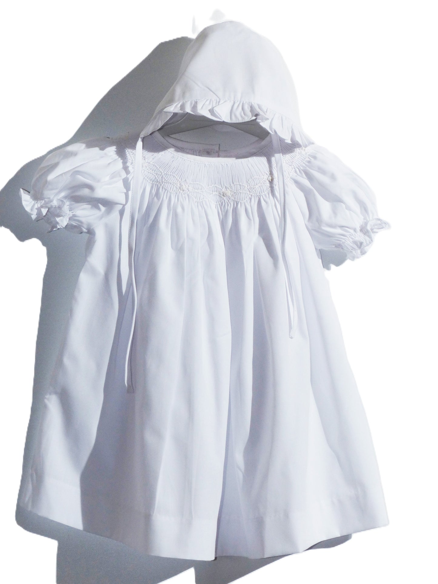 White Smocked Short Bishop Sleeve Dress with Beautiful Bonnet