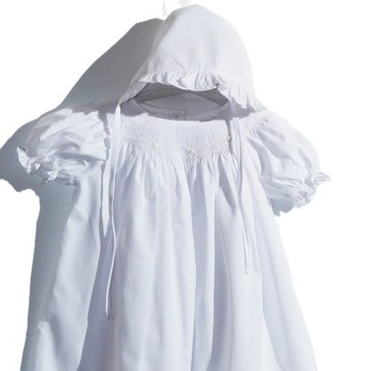 White Smocked Short Bishop Sleeve Dress with Beautiful Bonnet