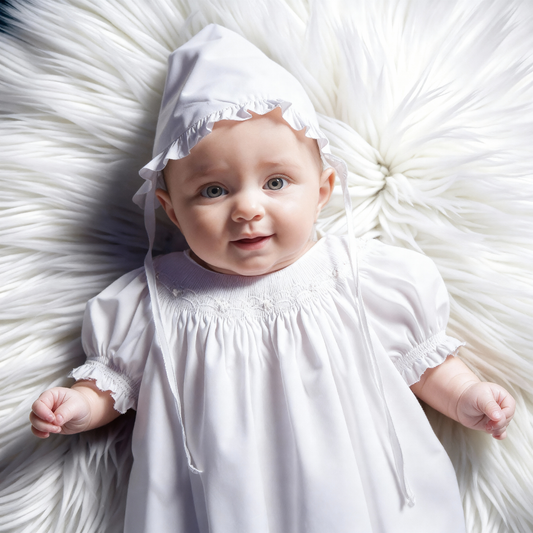 White Smocked Short Bishop Sleeve Dress with Beautiful Bonnet