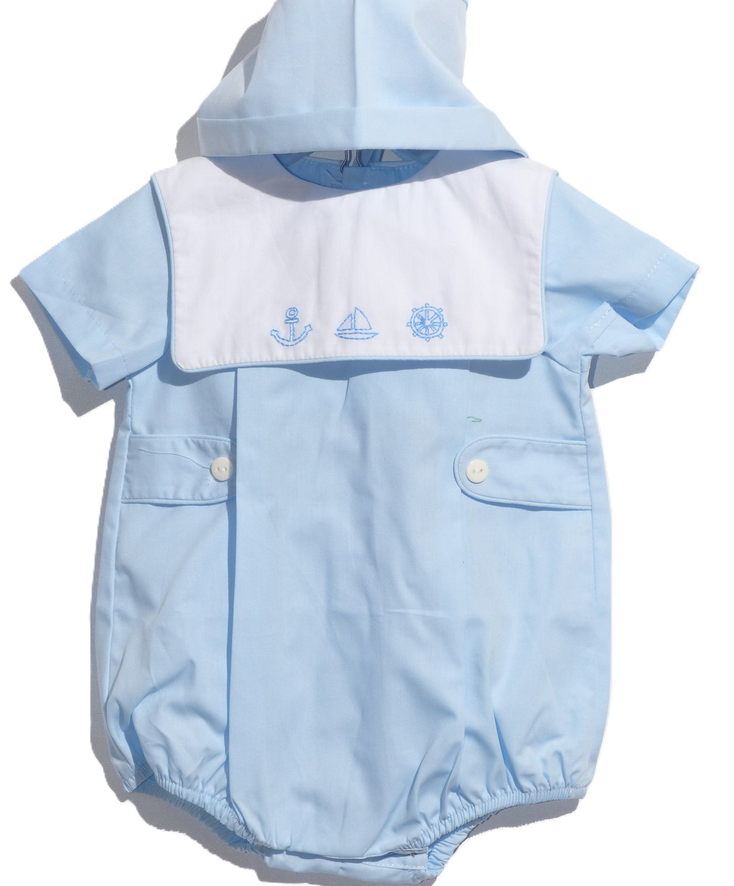 Blue Boy Boat Embroidered Bubble with Buttons and Bonnet