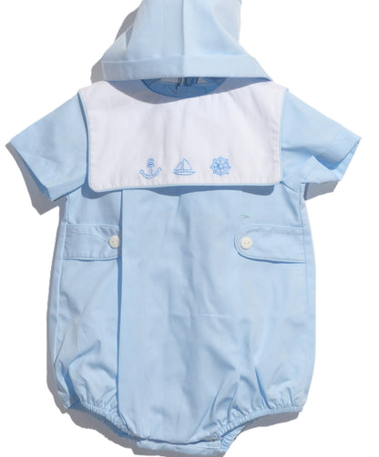Blue Boy Boat Embroidered Bubble with Buttons and Bonnet