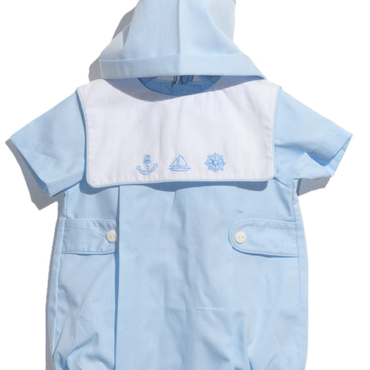 Blue Boy Boat Embroidered Bubble with Buttons and Bonnet