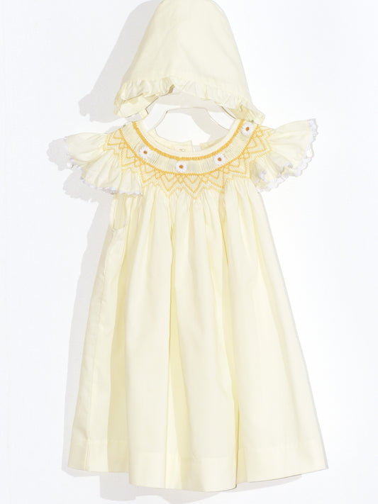 Light Yellow Smocked Angel Wing Sleeve Dress with Beautiful Bonnet