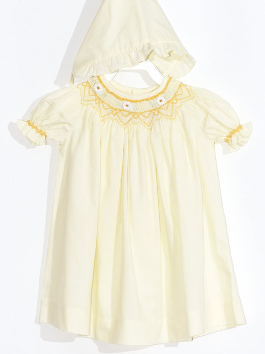 Light Yellow Smocked Bishop Sleeve Dress with Beautiful Bonnet