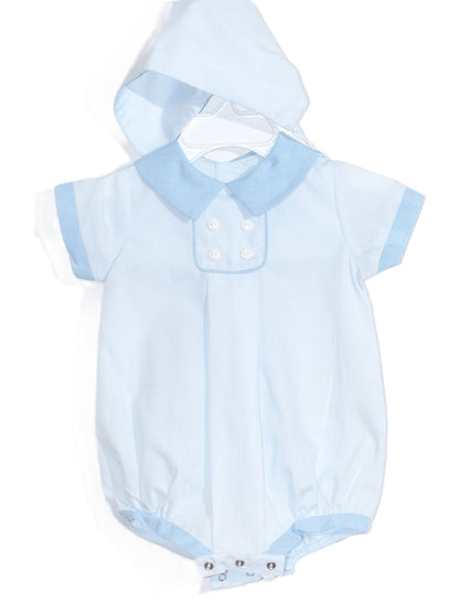 Blue Boys Button Front  Bubble with Bonnet