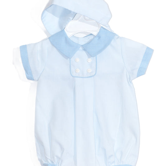 Blue Boys Button Front  Bubble with Bonnet