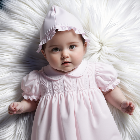 Pink Hand Embroidered & Pleated Dress with Bonnet