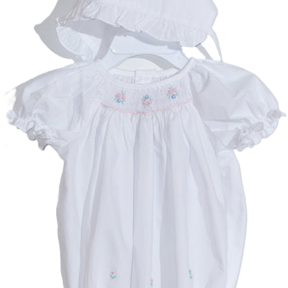 White Geometric Smocked with Flowers Short Sleeve Dress & Beautiful Bonnet