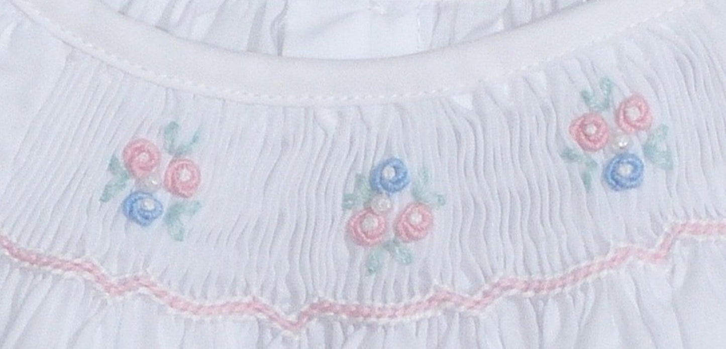 White Geometric Smocked with Flowers Short Sleeve Dress & Beautiful Bonnet