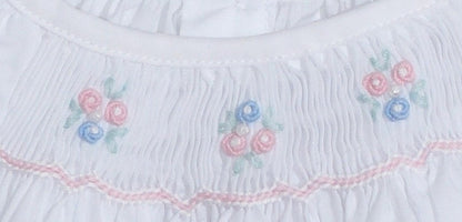 White Geometric Smocked with Flowers Short Sleeve Dress & Beautiful Bonnet