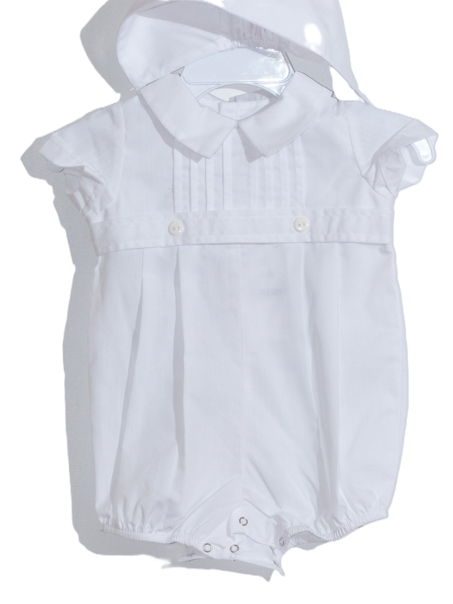 White Boy Pleated Bubble with Peter Pan Collar and Bonnet