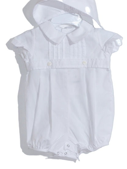 White Boy Pleated Bubble with Peter Pan Collar and Bonnet