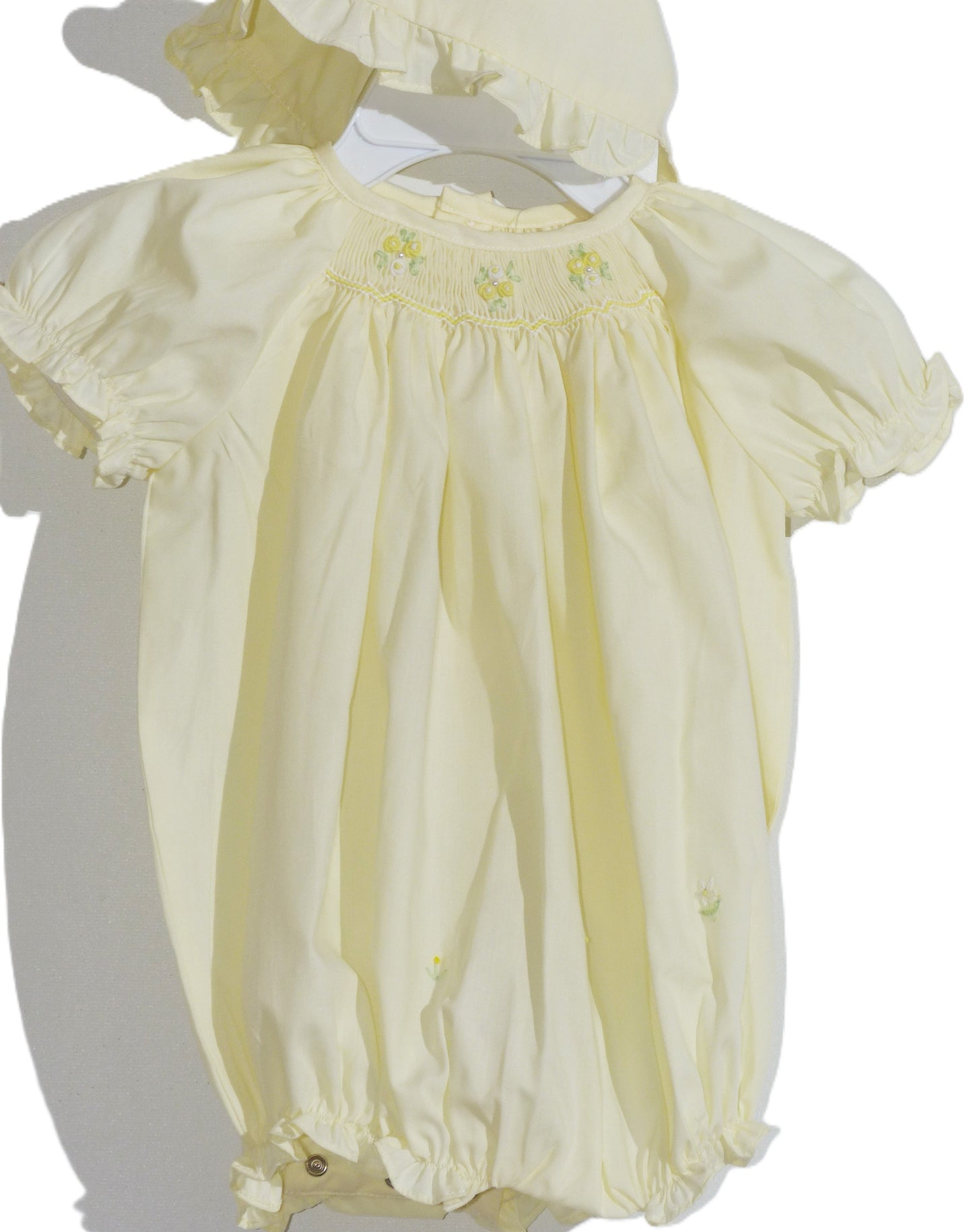 Yellow Smocked Short Raglan Sleeve Bubble with Beautiful Pink Ribbon Bows and Bonnet