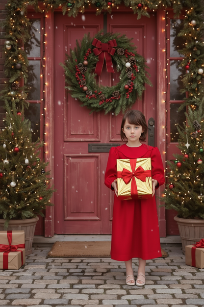 Red Corduroy Long Sleeve Girl Dress With Round Collar Monogramable