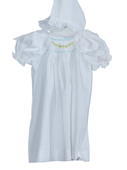 White Geometric Smocked with Flowers Short Sleeve Dress & Beautiful Bonnet