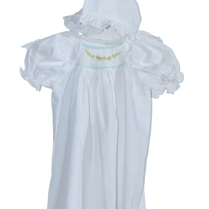 White Geometric Smocked with Flowers Short Sleeve Dress & Beautiful Bonnet