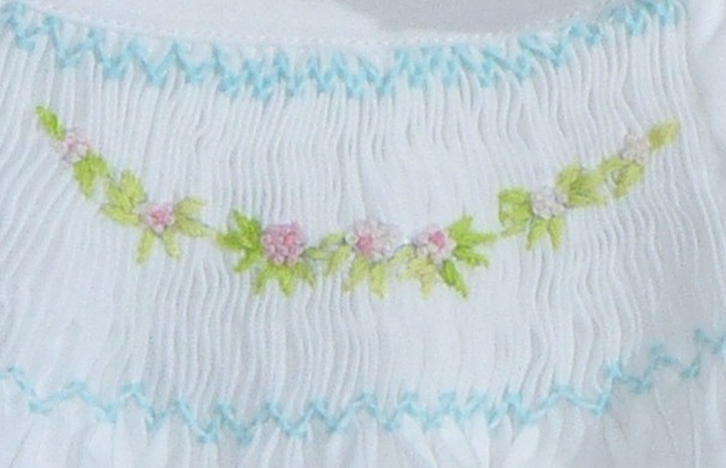 White Geometric Smocked with Flowers Short Sleeve Dress & Beautiful Bonnet