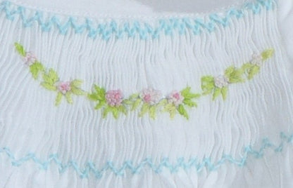 White Geometric Smocked with Flowers Short Sleeve Dress & Beautiful Bonnet
