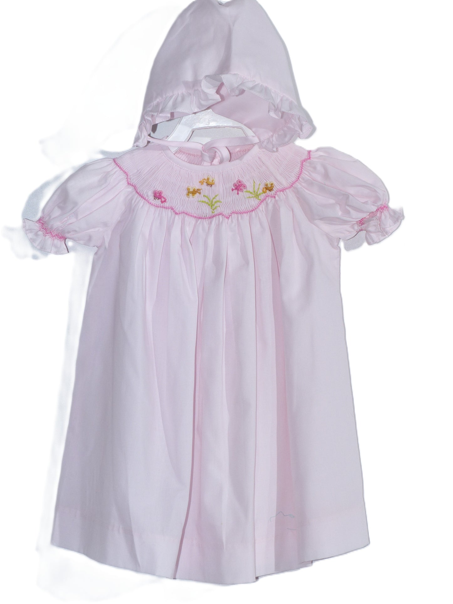 Pink Geometric Smocked with Flowers Short Sleeve Bishop Dress & Beautiful Bonnet