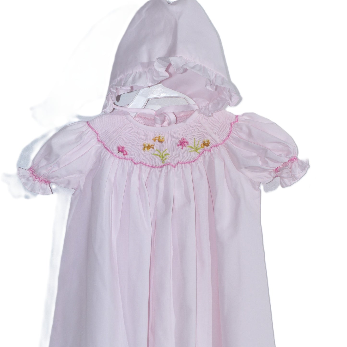 Pink Geometric Smocked with Flowers Short Sleeve Bishop Dress & Beautiful Bonnet