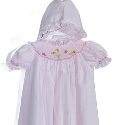 Pink Geometric Smocked with Flowers Short Sleeve Bishop Dress & Beautiful Bonnet