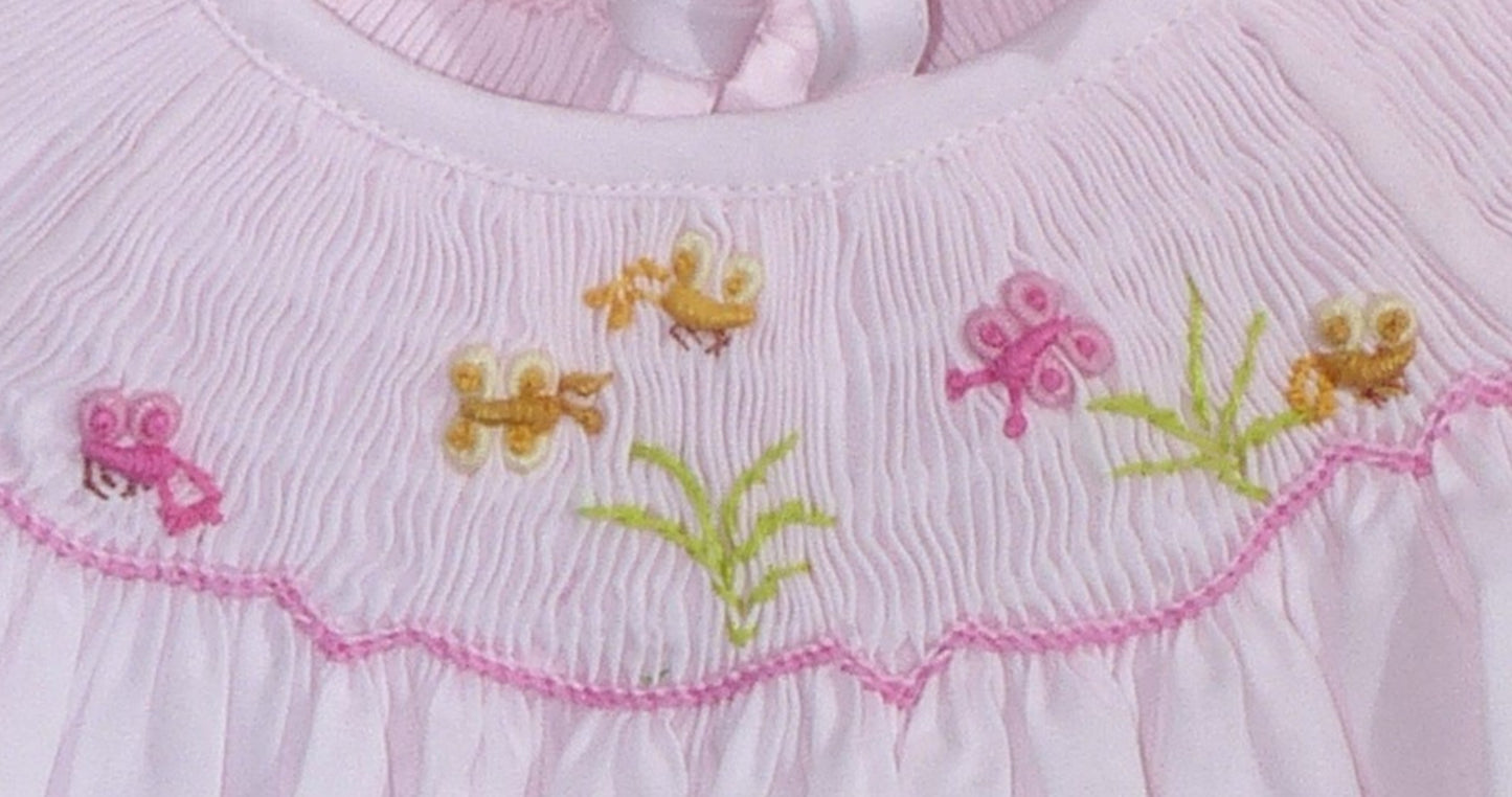Pink Geometric Smocked with Flowers Short Sleeve Bishop Dress & Beautiful Bonnet