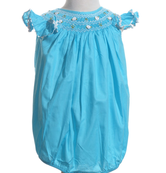 Turquoise Geo Smocked With Flowers Angel Wing Sleeve Bubble