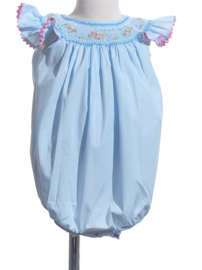 Blue Geo Smocked With Flowers Angel Sleeve Bubble