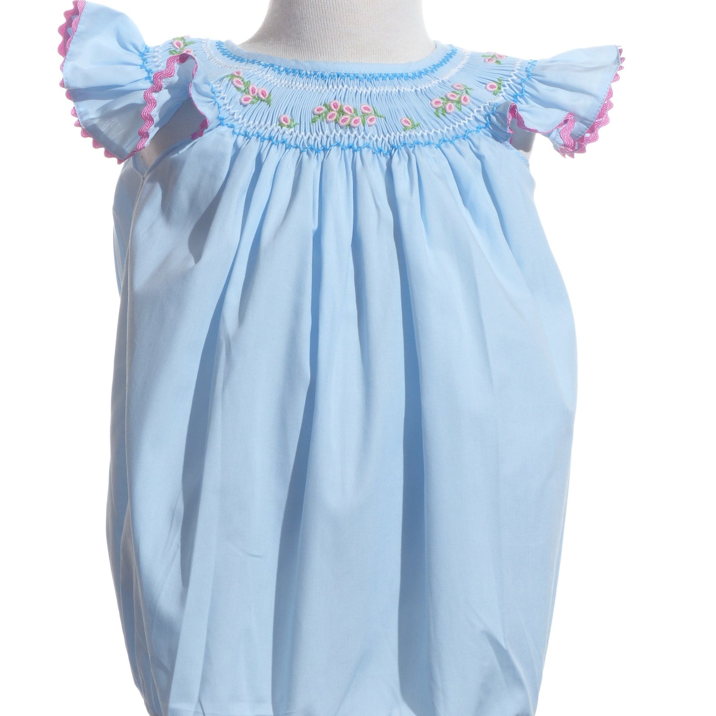 Blue Geo Smocked With Flowers Angel Sleeve Bubble