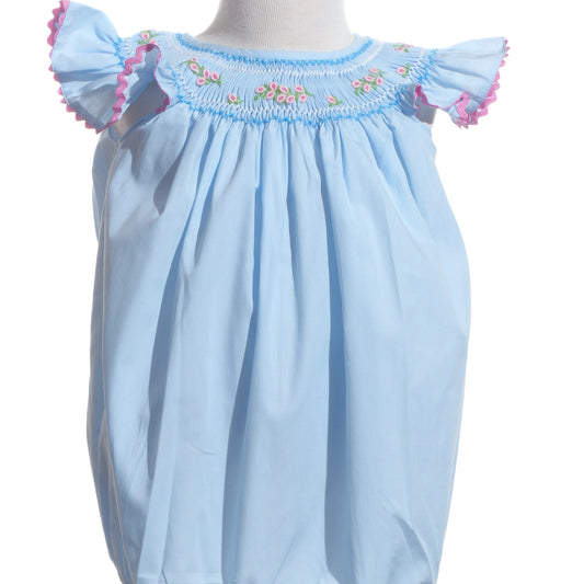 Blue Geo Smocked With Flowers Angel Sleeve Bubble