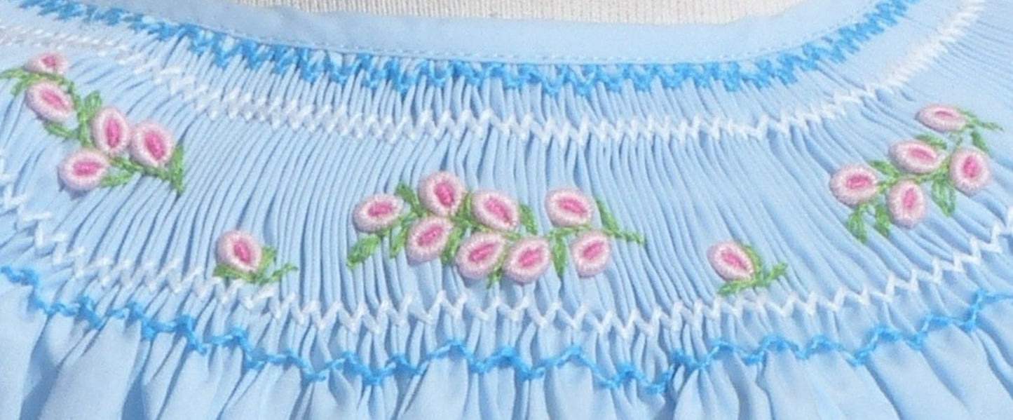Blue Geo Smocked With Flowers Short Sleeve Bishop Dress