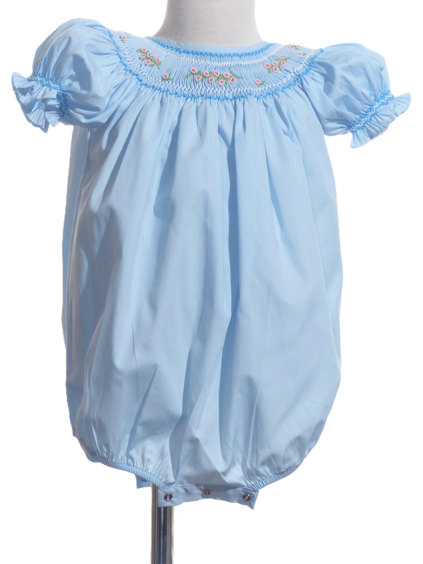 Blue Geo Smocked With Flowers Short Sleeve Bubble