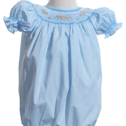 Blue Geo Smocked With Flowers Short Sleeve Bubble