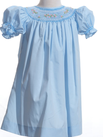 Blue Geo Smocked With Flowers Short Sleeve Bishop Dress